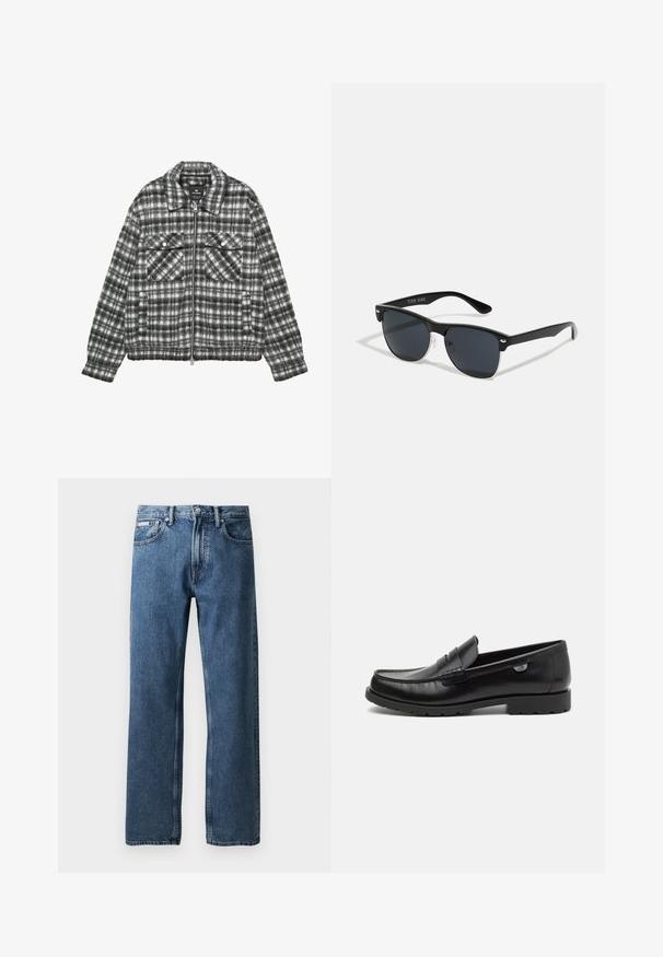 Kostkovaná bunda z vlněné směsi v černé a bílé barvě, s předním zipem, dvěma náprsními kapsami a límečkem.; Černý rolák vyrobený z měkkého pleteného materiálu. Má dlouhé rukávy, žebrovaný límec a lem. Jednoduchý, elegantní design bez vzorů.; Modré džíny rovného střihu s vysokým pasem, zapínáním na knoflík a zip, předními kapsami a malou bílou značkovou etiketou na pravé kapse.; Černé kožené mokasíny s kulatou špičkou, šitými detaily a malým logo akcentem na boku. Odolná gumová podrážka s dobrým gripem.; Černé sluneční brýle s obdélníkovým tvarem, tmavými skly, stříbrnými akcenty na spáncích a matným povrchem rámu.; Černá taška přes rameno vyrobená z odolné tkaniny, s dvěma dlouhými rukojeťmi, nastavitelnými popruhy a přední kapsou. Texturovaný povrch s minimálním brandingem.