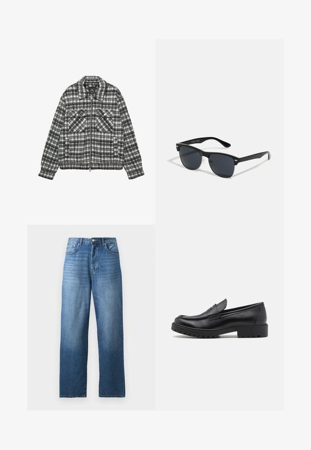 Giacca a quadri in misto lana nera e bianca, con cerniera frontale, due tasche sul petto e colletto.; Maglione a collo alto nero realizzato in morbido materiale knit. Presenta maniche lunghe, colletto e orlo a costine. Design semplice e lineare senza motivi.; Jeans in denim blu a gamba dritta con cinque tasche e chiusura a bottoni e zip, esposti su uno sfondo bianco.; Mocassini in pelle nera con punta arrotondata, design senza lacci e suola in gomma spessa con battistrada testurizzato. Tacco elevato e dettagli di cucitura discreti.; Occhiali da sole neri con forma rettangolare, lenti scure, dettagli in argento alle tempie e finitura opaca sulla montatura.; Borsa a tracolla nera realizzata in tessuto resistente, dotata di due lunghe maniglie, spallacci regolabili e una tasca frontale. Superficie texturizzata con branding minimale.