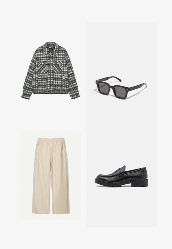 Kockás dzseki gyapjú keverék anyagból, fekete-fehér színben, cipzáras elülső résszel, két mellzsebbel és gallérral.; Fekete garbó pulóver puha kötött anyagból készült. Hosszú ujjaival, bordázott gallérral és szegéllyel rendelkezik. Egyszerű, letisztult dizájn, minták nélkül.; Beige len vásárló nadrág, rugalmas derékkal és oldalsó zsebekkel. Az anyag strukturált, természetes felülettel rendelkezik.; Fekete bőr loaferek lekerekített orral, slip-on kialakítással és vastag gumitalppal, amely texturált tapadást biztosít. Emelt sarkú és diszkrét varrási részletek.; Fekete téglalap alakú napszemüveg sötét lencsékkel, vastag kerettel, finom díszítésekkel az oldalán, és a márkanevet leszámítva látható logók nélkül.; Fekete válltáska tartós szövetből, két hosszú fogantyúval, állítható pántokkal és egy elülső zsebbel. Matt felület minimális márkajelzéssel.