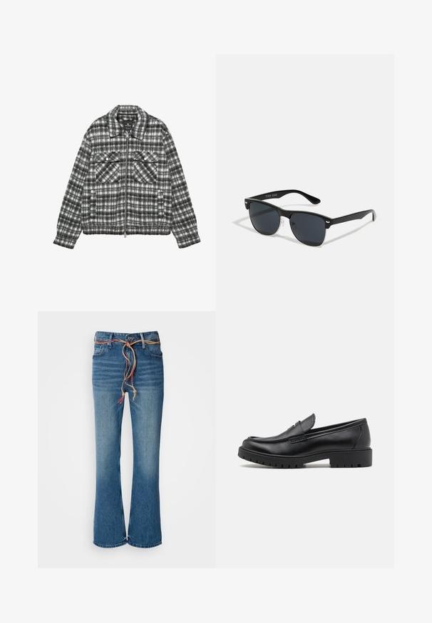 Jakna na kockice izrađena od mješavine vune u crno-bijeloj boji, s patentnim zatvaračem sprijeda, dva džepa na prsima i ovratnikom.; Crni pulover s visokim ovratnikom od mekog pletenog materijala. Ima duge rukave, rebrasti ovratnik i rub. Jednostavan, suvremen dizajn bez uzoraka.; Plave traperice s širim nogavicama i visokim strukom, s uklonjivom bež vezicom i suptilnim blijedom na bedrima. Čisto završeni rubovi.; Crne kožne loferice s okruglim vrhom, jednostavnim dizajnom za obuvanje i debelim gumiranim đonom s teksturiranim gripom. Povišeni potplat i diskretni detalji šivanja.; Crne sunčane naočale pravokutnog oblika, tamne leće, srebrni detalji na sljepoočnicama i matirajuća završna obrada okvira.; Crna torba za nošenje napravljena od izdržljive tkanine, s dva dugačka ručka, podesivim trakama i prednjim džepom. Teksturirana površina s minimalnim brendiranjem.