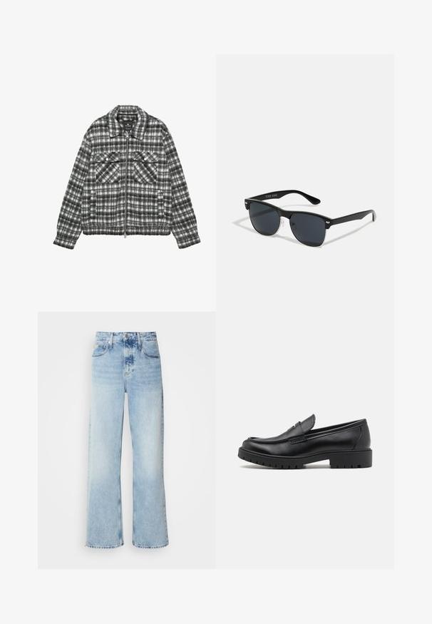 Jakna na kockice izrađena od mješavine vune u crno-bijeloj boji, s patentnim zatvaračem sprijeda, dva džepa na prsima i ovratnikom.; Crni pulover s visokim ovratnikom od mekog pletenog materijala. Ima duge rukave, rebrasti ovratnik i rub. Jednostavan, suvremen dizajn bez uzoraka.; Svjetloplavi široki traperice s visokim strukom, s izblijedjelim završetkom, petljama za remen i klasičnim dizajnom s pet džepova. Rub je sirov.; Crne kožne loferice s okruglim vrhom, jednostavnim dizajnom za obuvanje i debelim gumiranim đonom s teksturiranim gripom. Povišeni potplat i diskretni detalji šivanja.; Crne sunčane naočale pravokutnog oblika, tamne leće, srebrni detalji na sljepoočnicama i matirajuća završna obrada okvira.; Crna torba za nošenje napravljena od izdržljive tkanine, s dva dugačka ručka, podesivim trakama i prednjim džepom. Teksturirana površina s minimalnim brendiranjem.