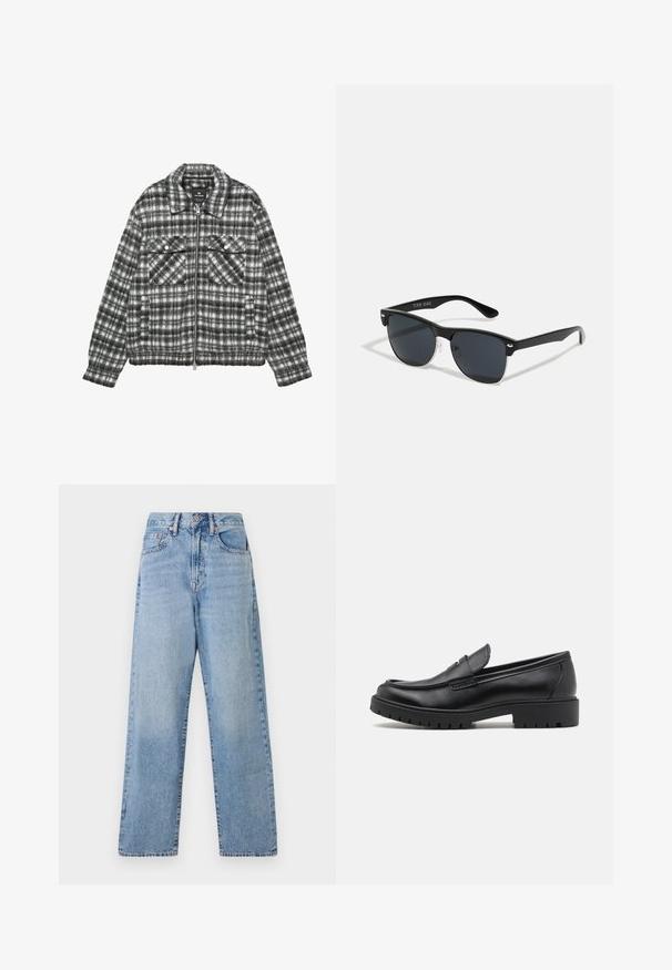 Jakna na kockice izrađena od mješavine vune u crno-bijeloj boji, s patentnim zatvaračem sprijeda, dva džepa na prsima i ovratnikom.; Crni pulover s visokim ovratnikom od mekog pletenog materijala. Ima duge rukave, rebrasti ovratnik i rub. Jednostavan, suvremen dizajn bez uzoraka.; Svijetloplavi traper široki traperice s visokom strukom, pet džepova i suptilnim izbljeđivanjem. Sadrži detalje s bakrenim gumbima i zakovicama.; Crne kožne loferice s okruglim vrhom, jednostavnim dizajnom za obuvanje i debelim gumiranim đonom s teksturiranim gripom. Povišeni potplat i diskretni detalji šivanja.; Crne sunčane naočale pravokutnog oblika, tamne leće, srebrni detalji na sljepoočnicama i matirajuća završna obrada okvira.; Crna torba za nošenje napravljena od izdržljive tkanine, s dva dugačka ručka, podesivim trakama i prednjim džepom. Teksturirana površina s minimalnim brendiranjem.