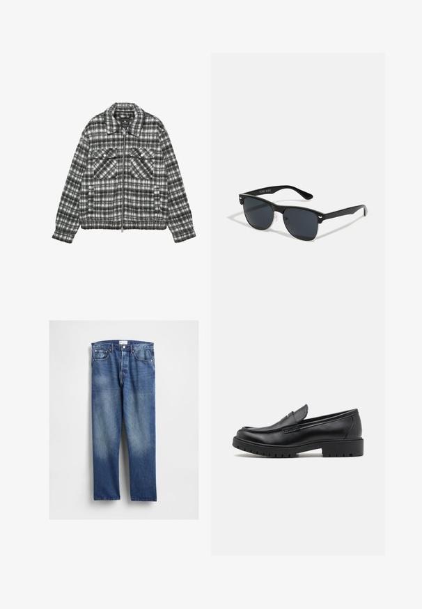 Ruudullinen takki, jossa on villasekoitetta mustavalkoisena, vetoketjulla edessä, kaksi rintataskua ja kaulus.; Mustat poolokauluspusero, joka on valmistettu pehmeästä neulomateriaalista. Siinä on pitkät hihat, ribbireunus kauluksessa ja helmassa. Yksinkertainen, tyylikäs muotoilu ilman kuvioita.; Siniset farkut, joissa on suora lahkeen muotoilu, etuosan haalistumat, perinteinen viiden taskun malli ja metalliset niitit taskuissa.; Mustat nahkakengät, joissa on pyöreä varvas, kenkien helposti liukuvat mallit ja paksu kumipohja, jossa on teksturoitu pito. Korotettu kanta ja hillityt ompeluyksityiskohdat.; Mustat aurinkolasit, joilla on suorakulmainen muoto, tummat linssit, hopeiset yksityiskohdat temppeleissä ja matta pinta kehykset.; Mustakankainen kangasilmukalla valmistettu kassi, jossa on kaksi pitkää kantohihnaa, säädettävät hihnat ja etutasku. Pintakuviointi, jossa on minimaalinen brändäys.