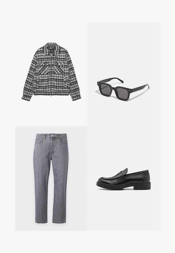 Ternede jakke i en uldblanding i sort og hvid, med lynlås foran, to brystlommer og en krave.; Sort turtleneck sweater lavet af et blødt strikmateriale. Har lange ærmer, ribbet krave og kant. Enkel, slank design uden mønstre.; Grå denim jeans med lige ben-design, fem lommer, knaplukning og subtil whiskering-effekt på stofstrukturen.; Sorte læder loafers med rund tå, slip-on design og tyk gummisål med tekstureret greb. Forhøjet hæl og subtile syninger.; Sorte rektangulære solbriller med mørke linser, der har en tyk ramme, subtile detaljer på siderne og uden synlige logoer udover mærkenavnet.; Sort taske lavet af holdbart stof, med to lange håndtag, justerbare stropper og en frontlomme. Textureret overflade med minimal branding.