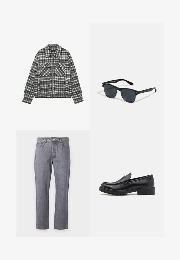 Checkered jacket featuring a wool blend material in black and white, with a zip front, two chest pockets, and a collar.; Black turtleneck sweater made of a soft knit material. Features long sleeves, ribbed collar, and hem. Simple, sleek design without patterns.; Gray denim jeans with a straight-leg design, five pockets, a button closure, and subtle whiskering effect on the fabric texture.; Black leather loafers with a rounded toe, slip-on design, and thick rubber sole featuring a textured grip. Elevated heel and subtle stitching details.; Black sunglasses with a rectangular shape, dark lenses, silver accents at the temples, and a matte finish on the frame.; Black tote bag made from durable fabric, featuring two long handles, adjustable straps, and a front pocket. Textured surface with minimal branding.