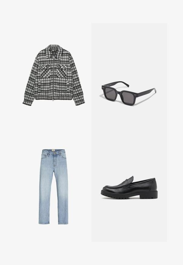 Károvaná bunda z vlnenej zmesi v čiernobielej farbe, so zipsom vpredu, dvoma náprsnými vreckami a golierom.; Čierny rolák vyrobený z mäkkého pleteného materiálu. Má dlhé rukávy, rebrovaný golier a lem. Jednoduchý, elegantný dizajn bez vzorov.; Svetlomodré denim nohavice so strihom rovného strihu, dizajnom s piatimi vreckami, zapínaním na gombík a zips a jemným vyblednutím na látke.; Čierne kožené mokasíny s okrúhlou špičkou, s designom na obúvanie a hrubou gumovou podrážkou s textúrovanou protišmykovou úpravou. Vyvýšený opatok a jemné prešívanie.; Čierne obdĺžnikové slnečné okuliare s tmavými sklami, s hrubým rámom, jemnými akcentmi na stranách a bez viditeľných log, okrem názvu značky.; Čierna plátenná taška vyrobená z odolnej látky, vybavená dvoma dlhými rúčkami, nastaviteľnými popruhmi a prednou vreckom. Textúrovaný povrch s minimálnym brandingom.