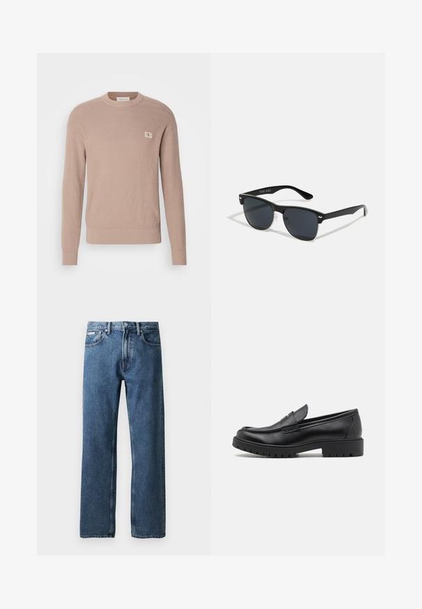 Giacca a quadri in misto lana nera e bianca, con cerniera frontale, due tasche sul petto e colletto.; Maglione lavorato a maglia beige chiaro con maniche lunghe, scollatura a girocollo e un motivo testurizzato; presenta una piccola etichetta con logo sul petto.; Jeans in denim blu a gamba dritta con vita alta, chiusura a bottone e zip, tasche frontali e un piccolo etichetta bianca del marchio sulla tasca destra.; Mocassini in pelle nera con punta arrotondata, design senza lacci e suola in gomma spessa con battistrada testurizzato. Tacco elevato e dettagli di cucitura discreti.; Occhiali da sole neri con forma rettangolare, lenti scure, dettagli in argento alle tempie e finitura opaca sulla montatura.; Borsa a tracolla nera realizzata in tessuto resistente, dotata di due lunghe maniglie, spallacci regolabili e una tasca frontale. Superficie texturizzata con branding minimale.