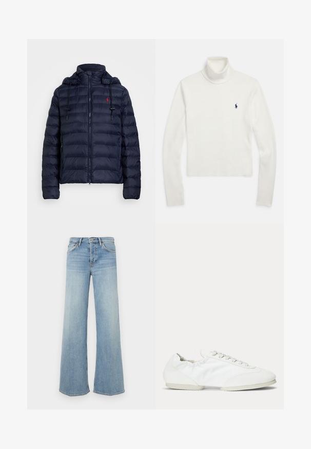 Tumesinise puffer-jakk kahepoolse tõmbluku, eemaldatava kapuutsi, elastsete mansettide ja punase logoga vasakul rinnal. Omadused hõlmavad tihedat tekstuuri ja vooderdatud kapuutsi.; Valge pika varrukaga kõrge kaelusega kampsun, millel on vasakul rinnal väike mereväesinine polo mängija logo.; RE/DONE Wide leg - blue; Valge jalanõu pehme kangas ülaosaga, seemisnahast detailide ja voolujoonelise disainiga. Omab paelaesist esiosa ja kerget kummist tallaga.