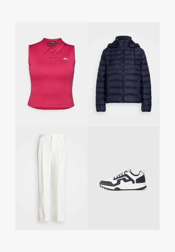 Granatowa kurtka puchowa z zapięciem na zamek, odpinanym kapturem, elastycznymi mankietami oraz czerwonym logo na lewej piersi. Posiada pikowaną fakturę oraz podszewkę w kapturze.; Dopasowana koszulka polo bez rękawów w jaskrawym różu. Wykonana z gładkiego materiału z klasycznym kołnierzykiem, z trzema guzikami oraz białym logo.; Białe spodnie o dopasowanym kroju z dwoma zmarszczkami z przodu, prostą nogawką i zawiniętymi mankietami. Wykonane z gładkiego materiału, o klasycznym wzornictwie.; Białe i czarne niskie sneakersy z wzorzystą gumową podeszwą oraz zygzakowatym wzorem po bokach, pokazane od zewnętrznej strony na jednolitym tle.