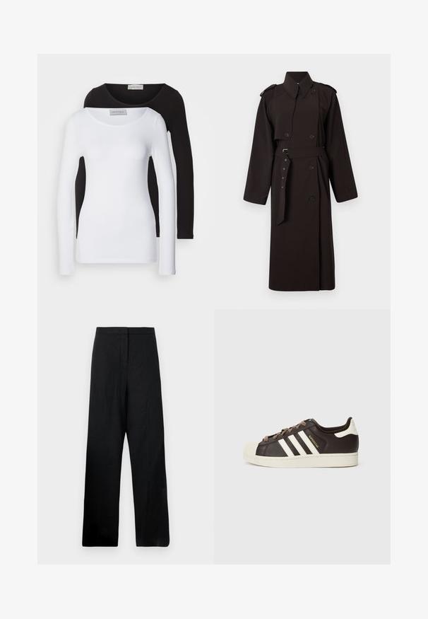 Černý trenčkot s dvojřadým zapínáním, ramenními klapkami, dlouhými rukávy, látkovým pásem a dvěma předními kapsami. Hladká textura.; Dlouhé rukávy košile v bílé a černé bavlně, s kulatými výstřihy a přiléhavým střihem. Štítek viditelný na krku.; Černé široké kalhoty vyrobené z lehké látky. Mají hladkou texturu, vysoký pas a minimální švy.; Nízký teniska Adidas Superstar z tmavě hnědé kůže s krémovou špičkou, bílými pruhy a nápisem "Superstar" na boku.