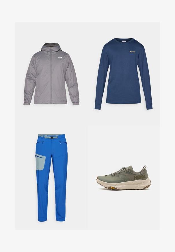 Šedá izolovaná bunda s kapucí, předním zipem, elastickými manžetami a logem na horní části hrudi. Hladká, voděodolná tkanina.; Námořnická dlouhá rukávová košile vyrobená z bavlněné směsi. Má kulatý výstřih a malé vyšívané logo na hrudi. Hladká textura.; Modré outdoor kalhoty s kapsou v světle šedém odstínu, vybavené zipovými kapsami, nastavitelným pasem a zúženými nohavicemi.; Zelené běžecké boty Hoka s Gore-Tex svrškem, texturovanými akcenty, elastickými tkaničkami a tlustou béžovou podrážkou s logem Vibram.