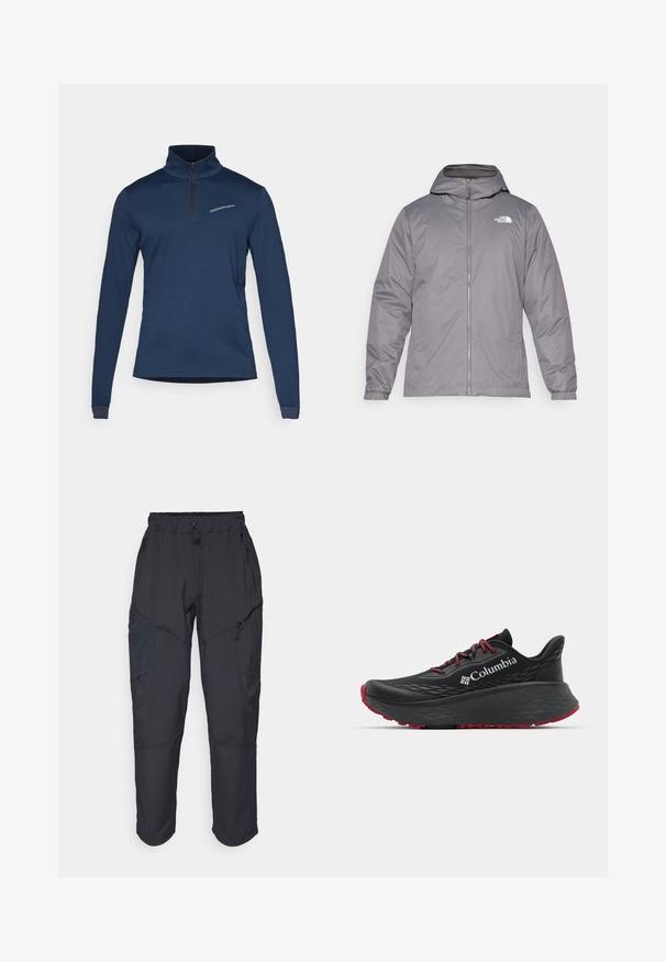 Gray insulated jacket with a hood, front zipper, elastic cuffs, and logo on the upper chest. Smooth, water-resistant fabric.; Navy blue long-sleeve pullover with a zip neck, made from soft fabric. Features a diagonal panel design and subtle logo on the chest.; Black cargo pants made from a lightweight, water-resistant material; features elastic waistband, multiple zippered pockets, and tapered legs.; Black athletic shoe with textured upper, red laces, and logo. Thick sole with patterned tread for traction. Minimalist design, side view.