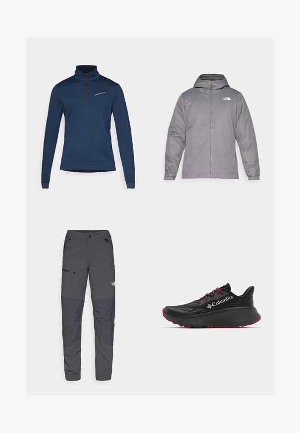 Šedá izolovaná bunda s kapucí, předním zipem, elastickými manžetami a logem na horní části hrudi. Hladká, voděodolná tkanina.; Námořnický modrý pulovr s dlouhými rukávy a zipem u krku, vyrobený z jemné tkaniny. Obsahuje diagonální panelový design a decentní logo na hrudi.; Šedé venkovní kalhoty s hladkým povrchem, které mají boční kapsu na zip, vyztužené části na kolenou a decentní detail loga.; Černá sportovní bota s texturovaným svrškem, červenými tkaničkami a logem. Silná podrážka s vzorovaným dezénem pro lepší trakci. Minimalistický design, boční pohled.