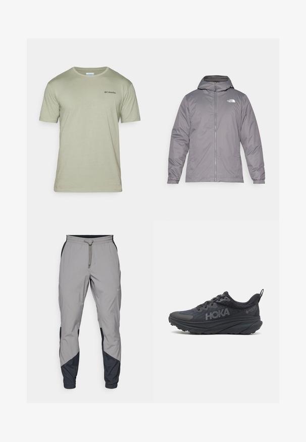 Pelēks izolēts jakas ar kapuci, priekšējo rāvējslēdzēju, elastīgām piedurknēm un logotipu augšējā krūtī. Gluda, ūdensizturīga auduma.; Gaiši zaļš īsām piedurknēm T-krekls, izgatavots no mīksta auduma, ar apaļu kakla izgriezumu un mazu melnu logotipu kreisajā krūtīs.; Viegls, pelēks sporta bikses ar melniem akcentiem. Elastīga josta, ar auklu aizdare, sašaurināts kāju dizains un sānu kabatas.; Melns Hoka skriešanas apavi ar tīkla augšdaļu, strukturētām detaļām un biezu, amortizētu zoli ar sašaurinātiem maliem, lai nodrošinātu labāku atbalstu.