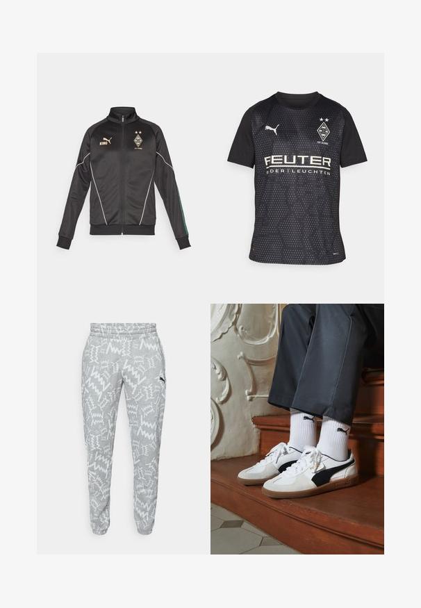 Schwarze Zip-Jacke mit weißen Akzenten, langen Ärmeln und hohem Kragen. Enthält goldene Logos, darunter "KING" und Vereinswappen.; Schwarzes Sporttrikot mit kurzen Ärmeln, das ein sechseckiges Muster, das Puma-Logo und weißen Sponsoren-Text zeigt. Enthält das Vereinswappen und zwei Sterne.; GraueSweatpants mit weißen Zickzackmustern, elastischem Bund, Bündchen an den Knöcheln und kleinem schwarzen Puma-Logo am rechten Oberschenkel.; Puma-Sneaker aus weißem und schwarzem Wildleder mit einer braunen Gummisohle. Kombiniert mit weißen Socken, die ein schwarzes Logo zeigen, getragen zu dunklen Hosen.
