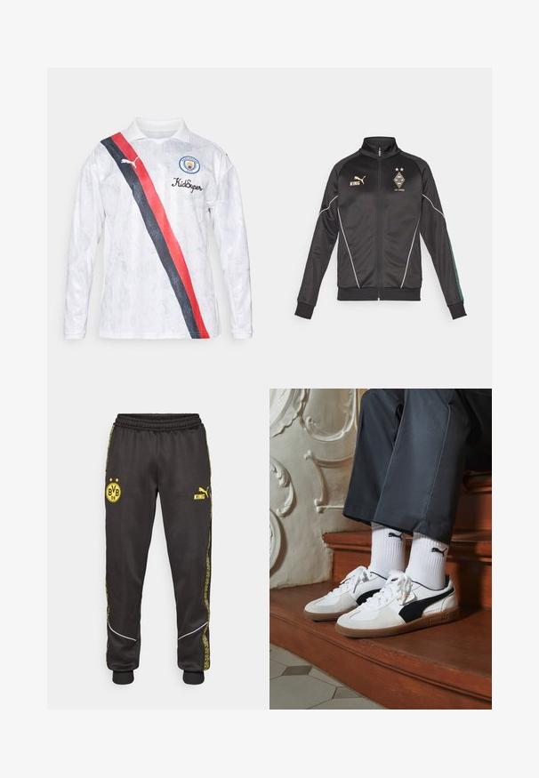 Melnā jaka ar rāvējslēdzēju, ar baltām akcentiem, garām piedurknēm un augstu apkakli. Satur zelta logotipus, tostarp "KING" un kluba emblēmas.; Balts sporta krekls ar garām piedurknēm un apkakli, ar diagonālu sarkanu un melnu strīpu, Puma logotipu un Manchester City emblēmu.; Melni sporta bikses ar dzelteniem Borussia Dortmund BVB 09 un Puma King logotipiem, elastīga jostasvieta un rakstainas dzeltenas sānu svītras.; Puma kedas baltā un melnā zamšā, ar brūnu gumijas zoli. Pāris ar baltām zeķēm, kurās redzams melns logo, nēsātas ar tumšām biksēm.