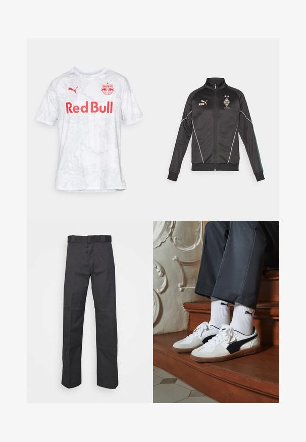 Mustmust beebi musta, valgete aktsentidega, pikkade varrukatega ja kõrge kaelusega. Omab kuldseid logosid, sealhulgas "KING" ja klubi embleeme.; Valge lühikeste varrukatega jalgpallipusa, millel on tekstuuriga marmoreeritud muster; esiküljel on julge punane tekst "Red Bull" ja Puma logo.; Mustadest kangast püksid, mis on valmistatud vastupidavast materjalist, sirge jala disainiga, vöökoha jaoks nööbid ja õmblused lisatekstuuri saavutamiseks.; Puma tossud valgest ja mustast südamikust, millel on pruun kummi tall. Kombineeritud valgete sokkidega, millel on must logo, kantud tumedate pükstega.