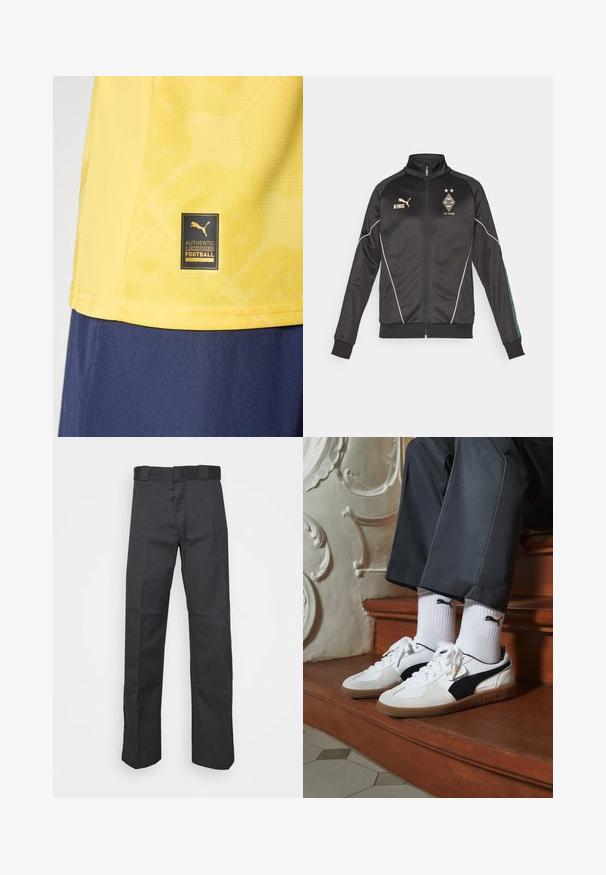 Giacca nera con zip, accenti bianchi, maniche lunghe e colletto alto. Presenta loghi dorati, tra cui "KING" e emblemi del club.; Maglia sportiva gialla con un'etichetta nera e oro "Authentic Licensed Football" della Puma vicino all'orlo, indossata sopra pantaloni corti blu scuro.; Pantaloni neri realizzati in tessuto resistente, con un design a gamba dritta, una cintura con passanti per la cintura e cuciture per una maggiore texture.; Sneakers Puma in suede bianco e nero, con suola in gomma marrone. Abbinati a calzini bianchi con logo nero, indossati con pantaloni scuri.