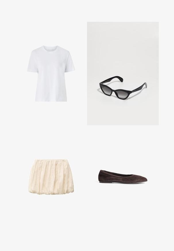 Dunkelbraune, glänzende Lederjacke mit hohem Kragen, langen Ärmeln und zwei vorderen Taschen, flach auf einem weißen Hintergrund ausgelegt.; Grauer gestrickter Pullover mit langen Ärmeln, rundem Ausschnitt und geripptem Saum. Hergestellt aus weichem Material, zeichnet sich durch ein minimalistisches Design ohne Muster aus.; Weißes Baumwoll-T-Shirt mit kurzen Ärmeln, Rundhalsausschnitt und entspannter Passform. Glatte Textur ohne sichtbare Muster oder Akzente.; Elfenbeinfarbenen kurzer Rock aus leichtem, strukturiertem Stoff mit gerafftem Design und elastischem Bund. Lässig und vielseitig für verschiedene Outfits.; Braune Wildleder-Ballerinas mit spitzem Absatz und niedrigem Profil. Verfügt über eine glatte Textur und ein minimalistisches Design. Keine sichtbaren Beschläge oder Akzente.; Schwarze Cat-Eye-Sonnenbrillen mit grauen Verlaufslinsen, aus Kunststoff gefertigt, mit goldfarbener Markenbeschriftung an den Bügeln und glatter, glänzender Oberfläche.; Burgunderfarbene, gefaltete Leder-Handtasche mit goldener Kettenhandhabung und kleiner rechteckiger Hardware-Akzent. Weiche Textur, abgerundete Form und elegantes Design.