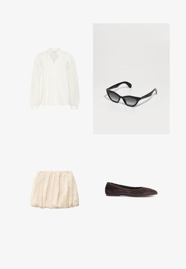 Giacca in pelle lucida marrone scuro con colletto alto, maniche lunghe e due tasche frontali, posata su uno sfondo bianco.; Kaffe Camicetta - chalk; T-shirt bianco in cotone con maniche corte, scollatura rotonda e vestibilità rilassata. Tessuto liscio senza motivi o dettagli visibili.; Gonna corta avorio realizzata in tessuto leggero e testurizzato, con design arricciato e cintura elastica. Casual e versatile per diverse combinazioni di outfit.; Ballerine in suede marrone con punta affusolata e profilo basso. Presenta una texture liscia e un design minimalista. Nessun hardware o accenti visibili.; Occhiali da sole neri a forma di occhio di gatto con lenti grigie sfumate, realizzati in plastica, con logo dorato sulle tempie e finitura liscia e lucida.; Borsa in pelle plissettata bordeaux con manico in catena dorata e piccolo dettaglio rettangolare in metallo. Texture morbida, forma arrotondata e design elegante.