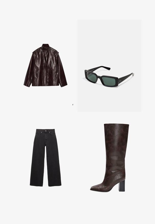Ciemnobrązowa, błyszcząca skórzana kurtka z wysokim kołnierzem, długimi rękawami i dwiema przednimi kieszeniami, leżąca płasko na białym tle.; Biała bluzka z długim rękawem i dekoltem łódkowym. Wykonana z miękkiego materiału, z rozszerzanymi rękawami i prostym wykończeniem, oferująca prosty i uniwersalny design.; Szerokie czarne dżinsy z wysokim stanem, z zapięciem na guzik, kieszeniami z przodu oraz gładką fakturą.; Brązowe, sztuczne skórzane kozaki do kolan z ostrym noskiem, teksturowaną powierzchnią i masywnym czarnym obcasem. Gładkie wykończenie, minimalne detale.; Czarne prostokątne okulary przeciwsłoneczne z zielonymi soczewkami. Wykonane z plastiku, z grubymi oprawkami i smukłymi ramionami. Logo Ray-Ban na jednym ramieniu.; Brązowa skórzana torba, o zakrzywionym kształcie, z jedną rączką, zamykana na zamek błyskawiczny, z fakturowaną powierzchnią i delikatnym połyskiem. Kompaktowy i minimalistyczny design.