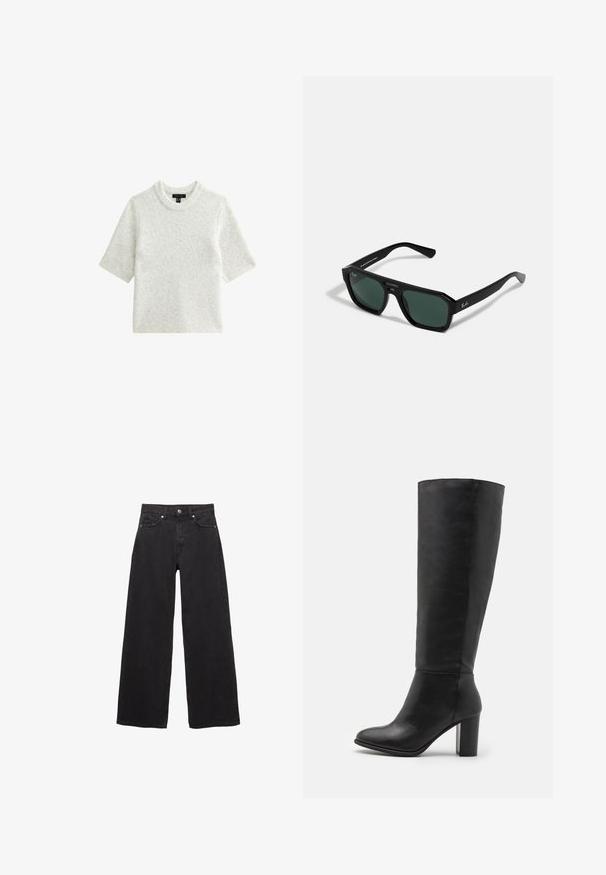 Ciemnobrązowa, błyszcząca skórzana kurtka z wysokim kołnierzem, długimi rękawami i dwiema przednimi kieszeniami, leżąca płasko na białym tle.; Krótki rękaw, jasnoszara sweter z miękkiego dzianinowego materiału. Posiada okrągły dekolt i luźny krój, z gładką fakturą.; Szerokie czarne dżinsy z wysokim stanem, z zapięciem na guzik, kieszeniami z przodu oraz gładką fakturą.; Czarne kozaki do kolan wykonane z gładkiej skóry, z szerokim obcasem i zaokrąglonym czubkiem. Minimalistyczny design bez widocznych elementów metalowych czy dekoracji.; Czarne prostokątne okulary przeciwsłoneczne z zielonymi soczewkami. Wykonane z plastiku w ośmiokątnym kształcie i gładkim wykończeniu. Posiadają logo Ray-Ban z boku.; Brązowa skórzana torba, o zakrzywionym kształcie, z jedną rączką, zamykana na zamek błyskawiczny, z fakturowaną powierzchnią i delikatnym połyskiem. Kompaktowy i minimalistyczny design.
