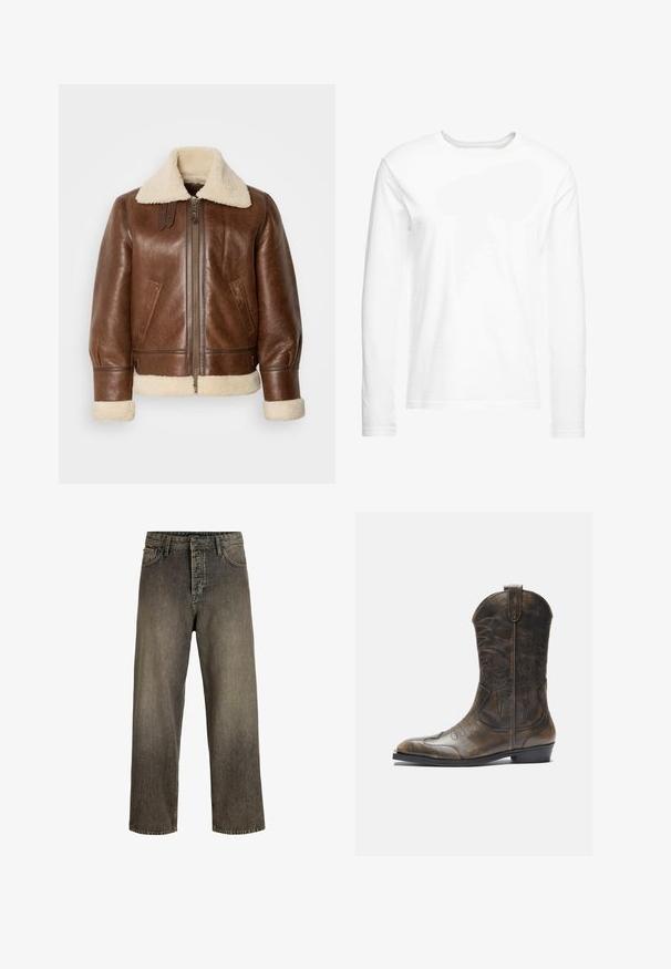 Chaquetón de aviador de cuero marrón con un cuello y puños de borreguillo crema. Cuenta con un cierre frontal, bolsillos laterales y hombros estructurados.; Camiseta blanca de manga larga hecha de algodón suave. Cuello redondo con dobladillos rectos y sin patrones ni gráficos visibles.; Jeans de pierna ancha en gris oscuro con acabado desgastado, diseño de cinco bolsillos, cierre de botones y trabillas para el cinturón. Fabricados con tejido de denim duradero.; Bota de cowboy de cuero marrón con un caña alta, puntera puntiaguda, patrones de costura intrincados y un tacón pequeño. Acabado texturizado en toda la bota.