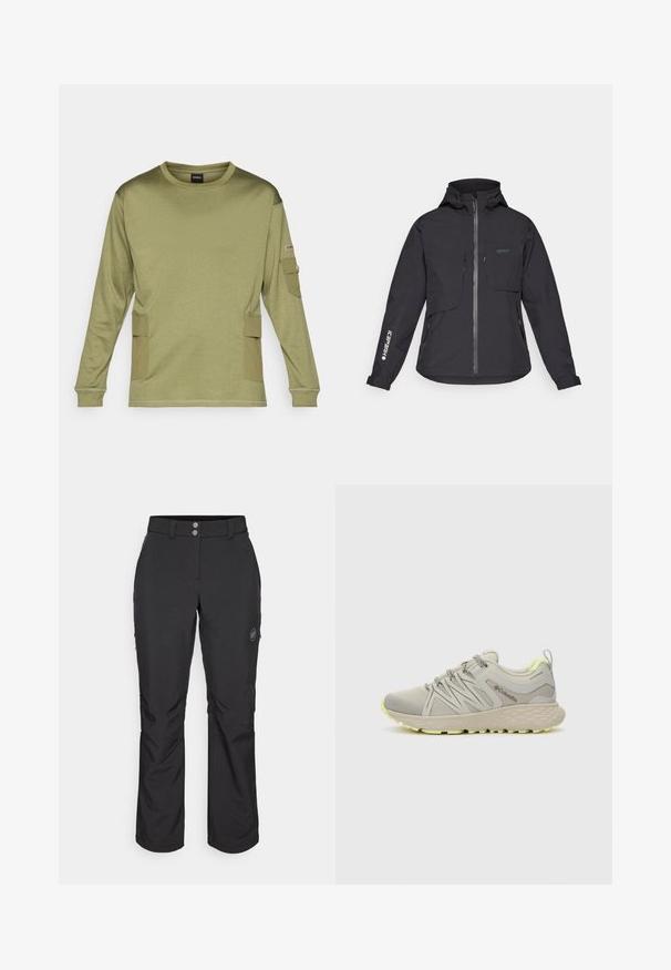 Black waterproof jacket with a hood, front zipper, two chest pockets, and side zip pockets. Features a logo printed on the sleeve.; Long-sleeve olive green shirt made from textured fabric, featuring side pockets and ribbed cuffs. Simple crew neck design.; Black outdoor pants with a straight cut, featuring a button closure, zippered side pockets, and a logo patch on the left thigh.; Columbia PEAKFREAK - Hiking shoes - dove/citron haze