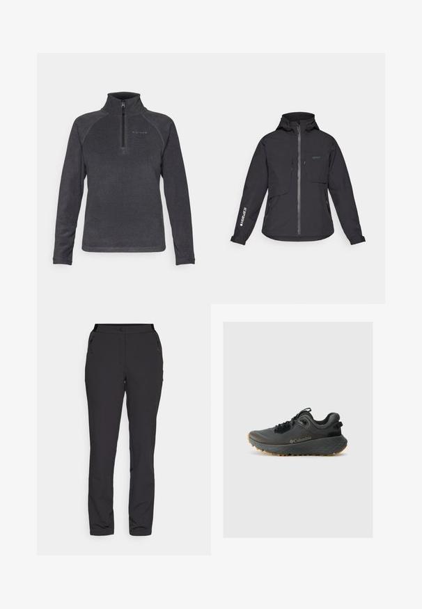 Melna ūdensnecaurlaidīga jaka ar kapuci, priekšējo rāvējslēdzēju, divām krūšu kabatām un sānu kabatām ar rāvējslēdzēju. Satur logotipu uz piedurknes.; Icepeak PUCKETT - Flīsa džemperis - anthracite; Melnas āra bikses, izgatavotas no viegla auduma, piedāvā taisna griezuma dizainu, kabatas ar rāvējslēdzēju sānos un regulējamu jostasvietu.; Columbia TERRASTRIDE CRZ - Pārgājienu apavi - shark/black