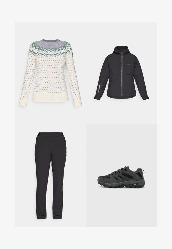 Black waterproof jacket with a hood, front zipper, two chest pockets, and side zip pockets. Features a logo printed on the sleeve.; Knitted sweater in cream with a zigzag pattern in light purple and green at the neckline. Features small blue hearts and ribbed cuffs.; Black outdoor pants, made of lightweight fabric, feature a straight leg design, zippered side pockets, and an adjustable waistband.; Columbia REDMOND - Hiking shoes - black/citron haze