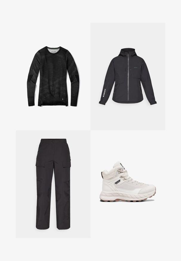 Mustat vedenpitävä takki hupulla, etuvetoketjulla, kaksi rintataskua ja sivuvetoketjulliset taskut. Hihassa on logo.; Mustapaita pitkähihaisilla, joka on valmistettu tekstuurisesta materiaalista. Paita on pyöreäkauluksinen, kuvioitu ja siinä on vahvistetut kyynärpäälaput.; Mustat cargo-housut, jotka on valmistettu kestävästä kankaasta, sisältävät useita sivutaskuja, napin sulkemisen ja löysän istuvuuden suorin lahkeineen.; Keve könnyű magas szárú túracipők törtfehér színben, texturált anyaggal, hálós panelekből, gumitalppal és kontrasztos barna részletekkel.