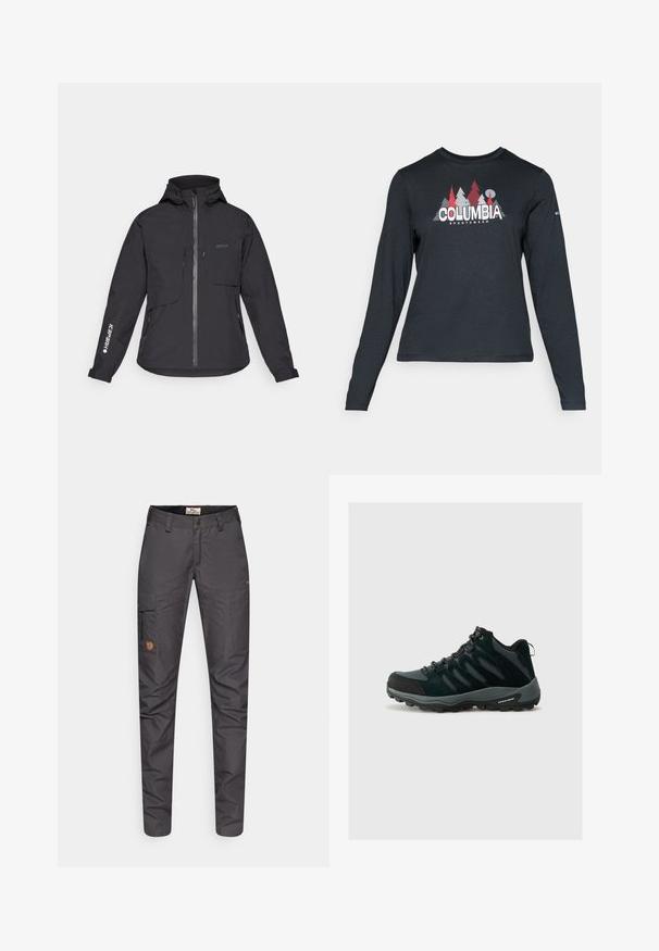 Juodas vandeniui atsparus švarkas su kapišonu, priekinis užtrauktukas, du krūtinės kišenės ir šoninės kišenės su užtrauktukais. Funkcijoje yra logotipas, atspausdintas ant rankovės.; Ilga rankovė tamsiai pilka marškinėliai su raudonų medžių ir kalnų grafika; drąsaus baltos spalvos teksto "COLUMBIA" logotipas. Minkšta medžiaga, standartinis apvalus kaklas.; Pilkos, lengvos krovinių kelnės su glaustais siluetais, kairėje pusėje kišenė, sustiprinti keliai ir odinis logotipo pleistras.; Columbia REDMOND - Turistiniai batai - black/citron haze