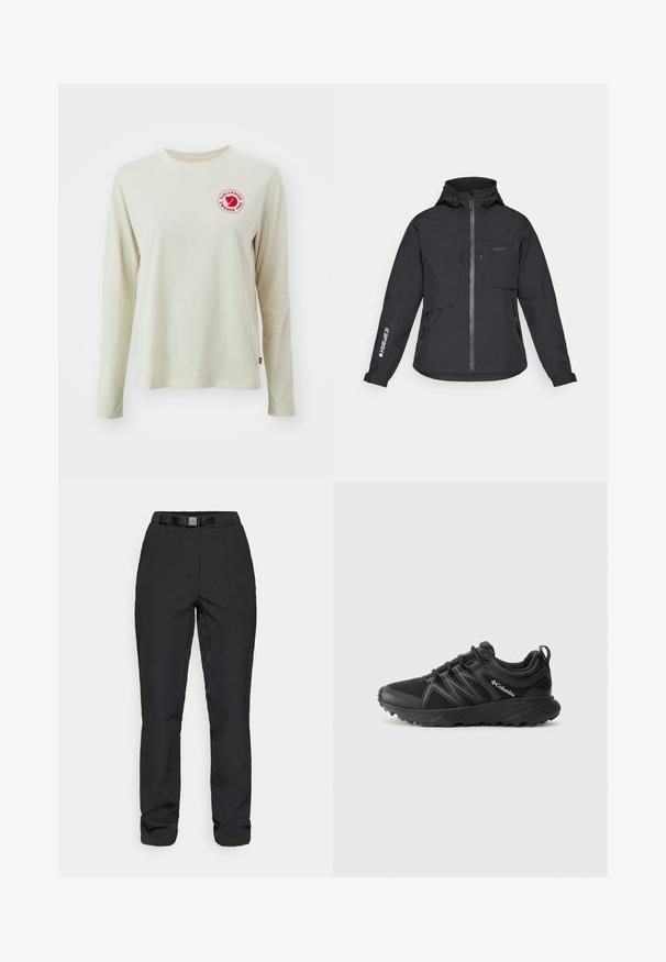 Svart vanntett jakke med hette, frontglidelås, to brystlommer og sidelommer med glidelås. Har en logo trykt på ermet.; Langermet lys beige T-skjorte laget av bomull, med rund hals og en rød sirkulær logo på brystet med tekst og grafikk.; Sorte bukser laget av et glatt, lett materiale. Har en midjebånd med innebygd belte, frontlommer og rett ben.; Columbia PEAKFREAK - Fjellsko - black