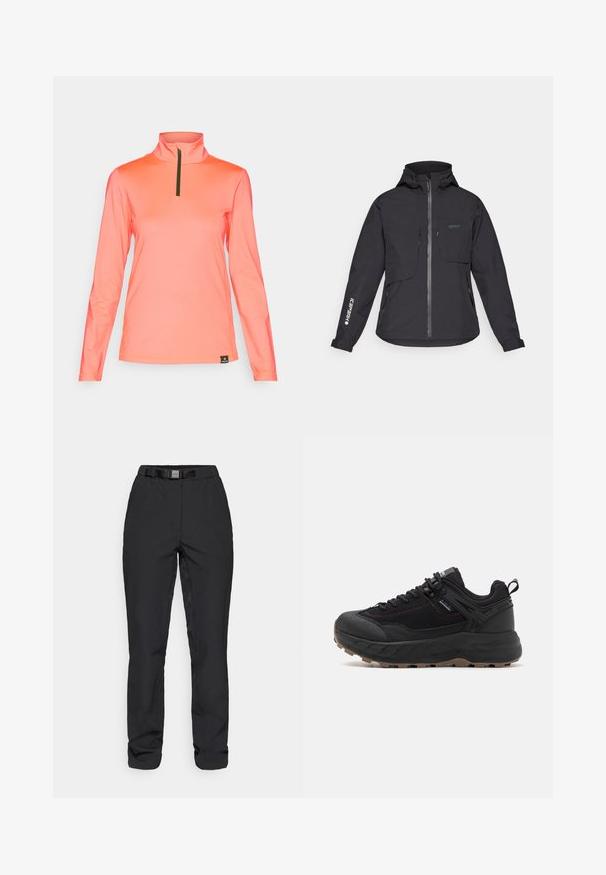 Black waterproof jacket with a hood, front zipper, two chest pockets, and side zip pockets. Features a logo printed on the sleeve.; Bogner Fire + Ice MARGO2 - Long sleeved top - pink; Black pants made of a smooth, lightweight fabric. Features a waistband with a built-in belt, front pockets, and a straight-leg cut.; Black athletic shoes with a textured leather and fabric upper, patterned sole, reinforced toe, and adjustable lacing system.