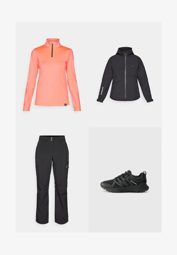 Black waterproof jacket with a hood, front zipper, two chest pockets, and side zip pockets. Features a logo printed on the sleeve.; Bogner Fire + Ice MARGO2 - Long sleeved top - pink; Black outdoor pants with a straight cut, featuring a button closure, zippered side pockets, and a logo patch on the left thigh.; Columbia PEAKFREAK - Hiking shoes - black