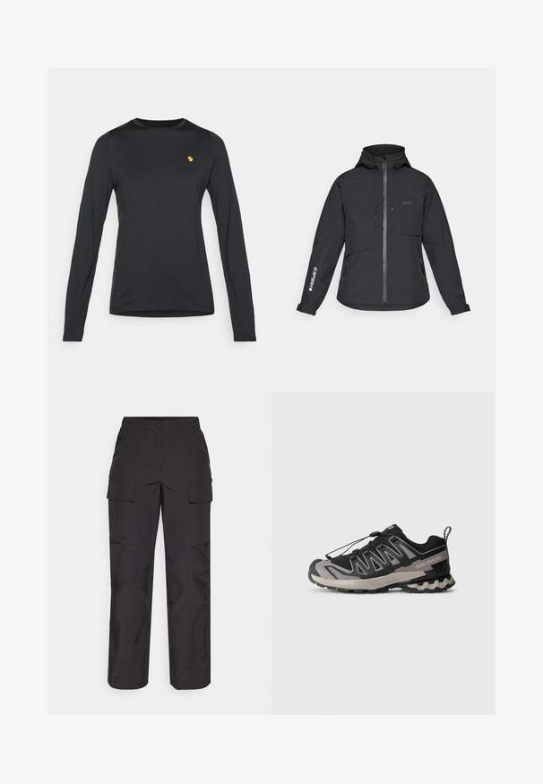 Černá voděodolná bunda s kapucí, předním zipem, dvěma náprsními kapsami a bočními zipovými kapsami. Obsahuje logo potisknuté na rukávu.; Černá košile s dlouhým rukávem z jemné tkaniny, s kulatým výstřihem a malým zlatým logem na hrudi.; Černé cargo kalhoty vyrobené z odolné tkaniny, s několika bočními kapsami, s knoflíkovým zapínáním a volným střihem se rovnými nohavicemi.; Černá a šedá sportovní obuv s síťovaným svrchem, gumovou podrážkou a elastickým šněrovacím systémem. Obsahuje zesílenou špičku a texturované akcenty.