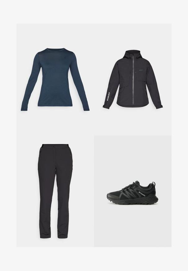 Must värvitu ja veekindel jakk kapuutsiga, esiluku, kahe rinnatasku ja küljetaskutega. Omab varrukal trükist logoga.; Tumedast tumesinise värviga pikkade varrukatega särk, valmistatud kergest kangast. Omab ümmargust kaelust ja väikest embleemi rinnal. Sile tekstuur.; Mustad must outdoor püksid, mis on valmistatud kergest kangast, omavad sirget sääremudelit, lukuga küljetaskuid ja reguleeritavat vööd.; Columbia PEAKFREAK - Matkajalatsid - black