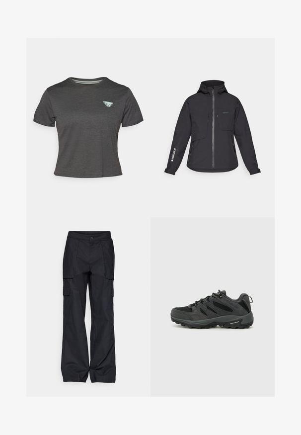 Must värvitu ja veekindel jakk kapuutsiga, esiluku, kahe rinnatasku ja küljetaskutega. Omab varrukal trükist logoga.; Halljad lühikeste käistega hall särk, mis on valmistatud tekstuursetest kangast. Vasakul rinnal on valgelt roheline kolmnurkne logo. Klassikaline ümmargune kaelus.; Columbia BREA FALLS™ COTTON RIPSTOP PANT - Õuepüksid - black; Columbia REDMOND - Matkajalatsid - black/citron haze