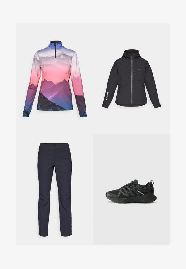 Black waterproof jacket with a hood, front zipper, two chest pockets, and side zip pockets. Features a logo printed on the sleeve.; Long-sleeve zip-up top with mountain landscape print in purple, pink, and blue hues, featuring "FIRE+ICE" logo on chest.; Navy blue pants made of smooth fabric, featuring a front button closure, slim-fit design, and creased detailing at the knees.; Columbia PEAKFREAK - Hiking shoes - black