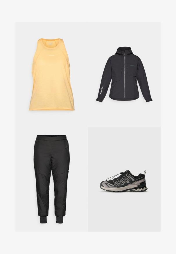 Czarna wodoodporna kurtka z kapturem, z zamkiem z przodu, dwiema kieszeniami na piersiach oraz bocznymi kieszeniami na zamek. Posiada logo nadrukowane na rękawie.; Żółty sportowy top bez rękawów wykonany z oddychającego materiału. Posiada okrągły dekolt, bez rękawów oraz subtelną teksturę. Logo marki wyeksponowane.; Czarne ocieplane spodnie o teksturowanym wykończeniu. Posiadają elastyczny pas, zapinane na zamek boczne kieszenie oraz dopasowane mankiety przy kostkach.; Czarno-szare buty sportowe z siateczkową cholewką, gumową podeszwą i elastycznym systemem sznurowania. Posiadają wzmocniony czubek i teksturowane akcenty.