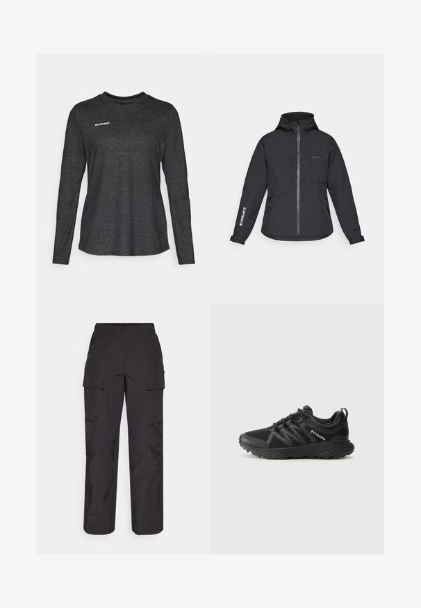 Fekete vízálló kabát kapucnival, elülső cipzárral, két mellzsebbel és oldalsó cipzáras zsebekkel. Jellemzője az ujjon található nyomtatott logó.; Hosszú ujjú fekete ing, texturált anyagból készült, kerek nyakkivágással és fehér "MAMMUT" logóval a bal felső részen.; Fekete munkásnadrág tartós anyagból, számos oldalsó zsebbel, gombos záródással és laza, egyenes szárú kialakítással.; Columbia PEAKFREAK - Túracipők - black