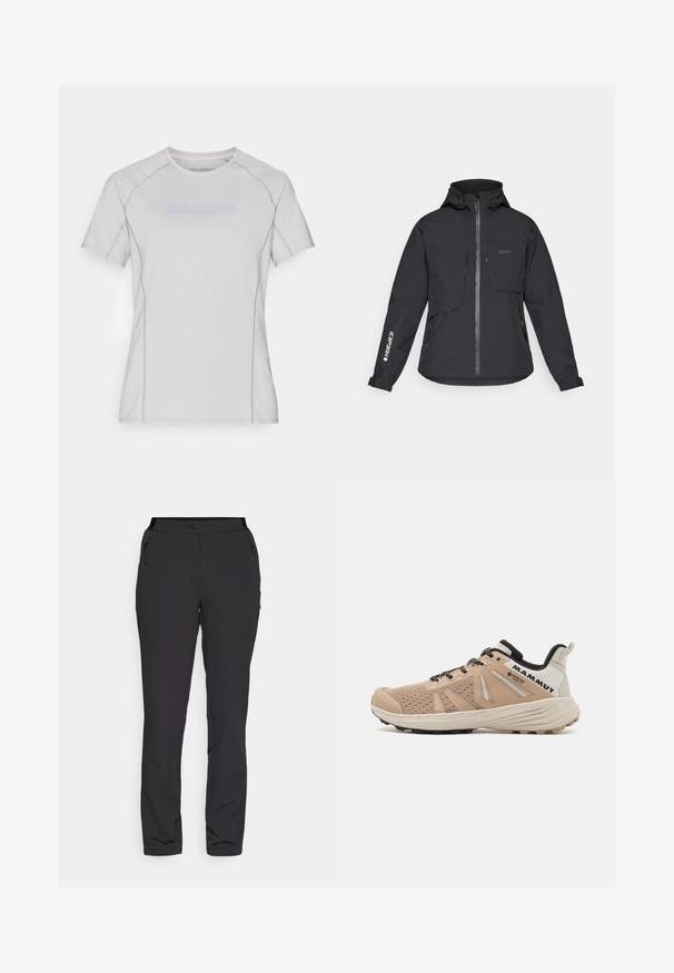 Fekete vízálló kabát kapucnival, elülső cipzárral, két mellzsebbel és oldalsó cipzáras zsebekkel. Jellemzője az ujjon található nyomtatott logó.; Világosszürke, rövid ujjú ing kerek nyakkivágással, lila részletekkel és elöl található 'MAMMUT' logóval. Puha, sima anyag.; Fekete kültéri nadrág, könnyű anyagból készült, egyenes lábbal, cipzáras oldalzsebekkel és állítható derékkal rendelkezik.; Férfi túrázó cipők bézs hálós felsőrészsel, megerősített orrésszel, fekete kiegészítőkkel és strapabíró talppal a tapadás érdekében.