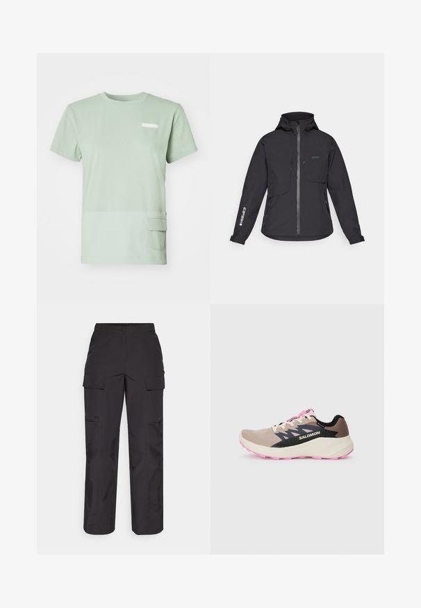 Melna ūdensnecaurlaidīga jaka ar kapuci, priekšējo rāvējslēdzēju, divām krūšu kabatām un sānu kabatām ar rāvējslēdzēju. Satur logotipu uz piedurknes.; Gaiši zaļš t-krekls, izgatavots no mīkstas kokvilnas, ar noapaļotu izgriezumu. Tam ir kabata apakšējā kreisajā stūrī un mazs logo uz krūtīm.; Melni kravas bikses, izgatavotas no izturīga auduma, ar vairākiem sānu kabatām, pogu aizdari un brīvu piegriezumu ar taisnām kājām.; Beige un rozā Salomon skriešanas apavi ar melnu logo un dizaina akcentiem, krēmveida starpposma daļa un rozā ārējais zole, skatīti no sāna uz vienkārša fona.