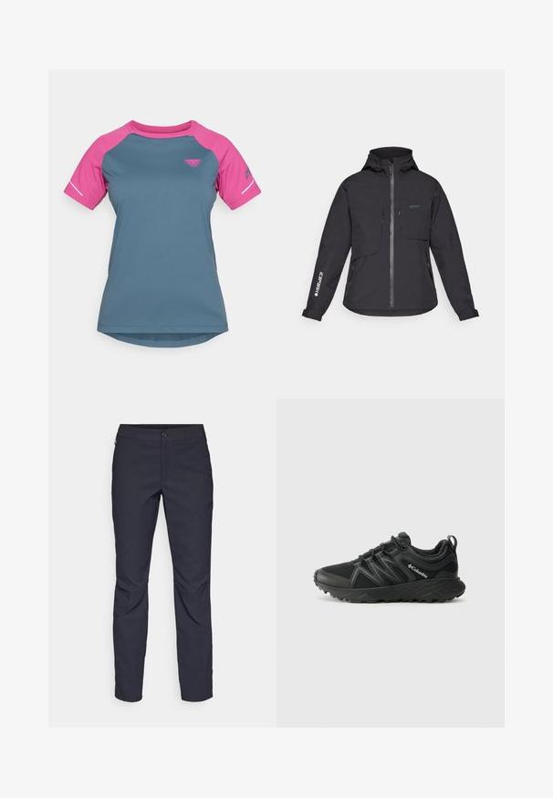Fekete vízálló kabát kapucnival, elülső cipzárral, két mellzsebbel és oldalsó cipzáras zsebekkel. Jellemzője az ujjon található nyomtatott logó.; Rövid ujjú sportpóló, amely teal színű testtel és rózsaszín raglán ujjal rendelkezik. Könnyű anyagból készült, kerek nyakkivágással.; Sötétkék nadrág sima anyagból, elülső gombos záródással, slim-fit fazonnal és gyűrött részletekkel a térdeken.; Columbia PEAKFREAK - Túracipők - black