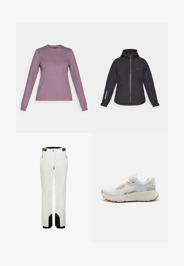 Černá voděodolná bunda s kapucí, předním zipem, dvěma náprsními kapsami a bočními zipovými kapsami. Obsahuje logo potisknuté na rukávu.; Hedvábná košile s dlouhým rukávem v tlumené levandulové barvě. Vyrobená z měkkého materiálu s kulatým výstřihem, na hrudi má malé modré logo a přiléhavé rukávy.; Bílé sněhové kalhoty s rovnými nohavicemi, černými akcenty na manžetách a zipovými kapsami po stranách. Odolný, povětrnostně odolný materiál.; Lehké atletické boty Columbia v bílé síťovině s texturovanou šedou podrážkou a gumovým gripem. Obsahují polstrovaný límec a šněrování.