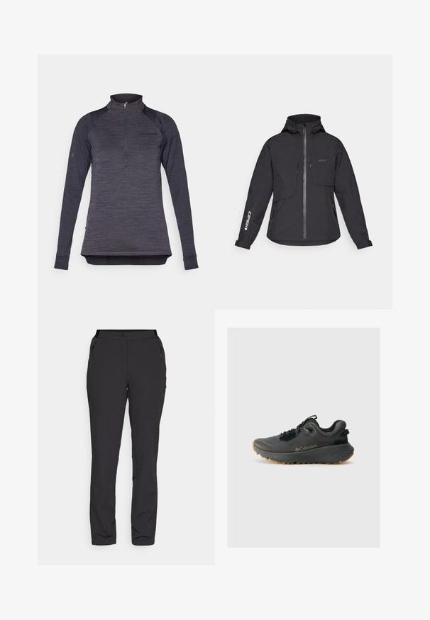 Fekete vízálló kabát kapucnival, elülső cipzárral, két mellzsebbel és oldalsó cipzáras zsebekkel. Jellemzője az ujjon található nyomtatott logó.; Hosszú ujjú pulóver sötétszürke textúrált anyagból, negyedzipzáros nyakkal és testhez simuló ujjal. Diszkrét márkajelzés található a mellkason.; Fekete kültéri nadrág, könnyű anyagból készült, egyenes lábbal, cipzáras oldalzsebekkel és állítható derékkal rendelkezik.; Columbia TERRASTRIDE CRZ - Túracipők - shark/black