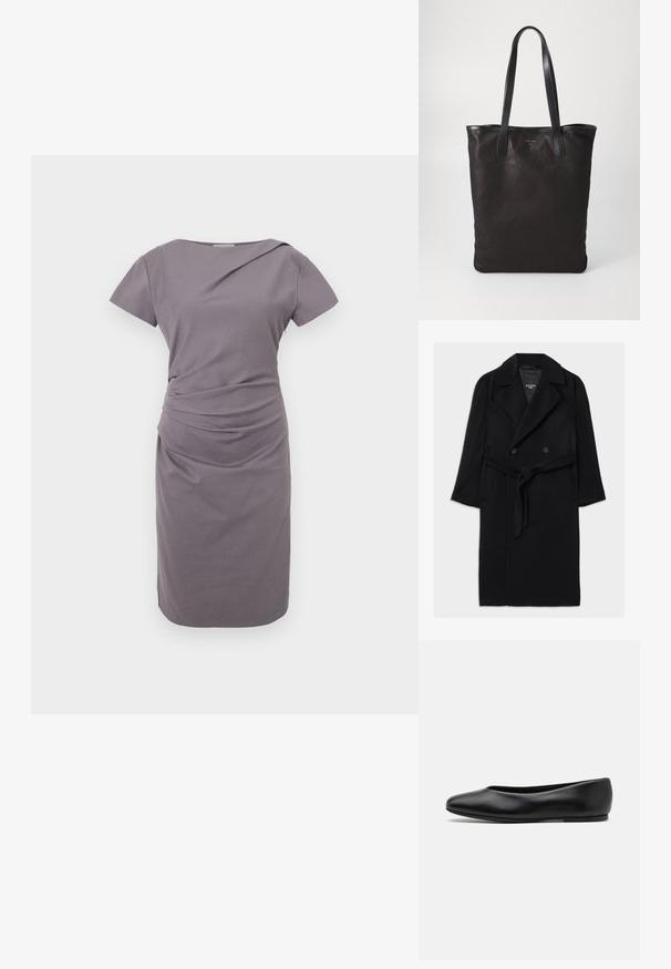 Czarny wełniany płaszcz z podwójnym zapięciem, szerokimi klapami, paskiem w talii, bocznymi kieszeniami i gładką teksturą.; Szara sukienka na krótki rękaw o dopasowanym kroju, z marszczeniami w talii, gładką teksturą i długością do kolan.; Paul Smith TOPANGA czarny; Czarna torba na ramię z czarnymi skórzanymi uchwytami. Prosty design, pojemne wnętrze i gładka faktura. Bez widocznych logo ani wzorów.
