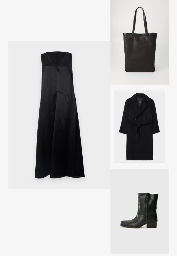 Černý vlněný kabát se dvojitým zapínáním, širokými klopami, opaskem, bočními kapsami a hladkou texturou.; Černé bezramínkové šaty s výstřihem do V, vyrobené z hladké tkaniny, s volným střihem a asymetrickým lemem. Jemný lesk je patrný.; Černá kožená kotníková bota s kulatou špičkou, blokovým podpatkem, bočním zipem a prošíváním na svršku. Hladký povrch, klasický design.; Černá plátěná taška s černými koženými uchy. Jednoduchý design, prostorné tělo a hladký povrch. Žádné viditelné loga ani vzory.