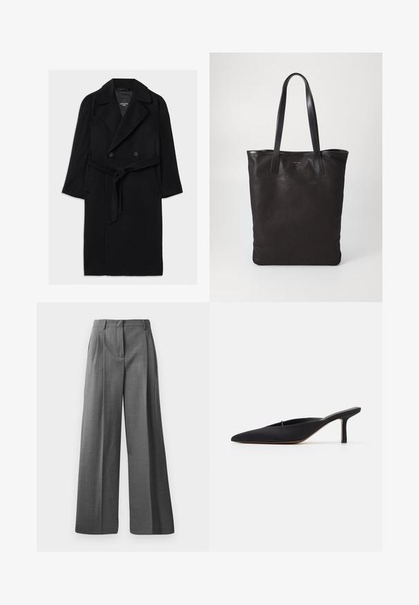 Zwarte wollen blend jas met een dubbele rij knopen, brede revers, een ceintuur in de taille, zijzakken en een gladde textuur.; Grijze coltrui gemaakt van zachte stof, met lange mouwen, ribbelhals en zoom, en een relaxte pasvorm. Gladde textuur en eenvoudig ontwerp.; Witte lange mouwen knoopshirt met een puntige kraag, een enkele borstzak en manchet mouwen. Gemaakt van gladde, lichte stof.; Grijze, wijde broek gemaakt van textiel met een subtiel patroon. Voorzien van een voorplooien en een tailleband met lussen voor een riem.; Zwarte muiltje met spitse neus en een strak ontwerp, gemaakt van gladde stof, met een slanke hak en open achterkant voor gemakkelijk aan- en uittrekken.; Zwarte canvas schoudertas met zwarte leren handvaten. Eenvoudig ontwerp, ruime body en een gladde textuur. Geen zichtbare logo's of patronen.