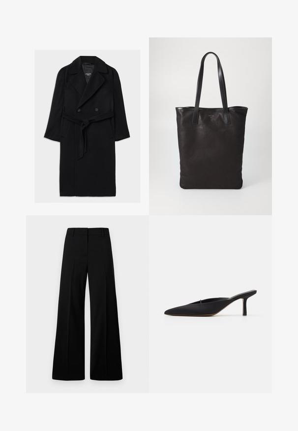 Must värviline villasegus mantel kahekordse nööbistamisega, laiad kraed, vööga talje, küljetaskud ja sile tekstuur.; Halljalõikega hall kaelus-sviiter, mis on valmistatud pehmest kangast, pikkade varrukate, sooniku kaela- ja allaäärtega ning lõdva lõikega. Sile tekstuur ja lihtne disain.; Valge pika varrukaga nööbiga särk, millel on terav krae, üks rinnatasku ja mansetid. Valmistatud siledast, kergekaalulisest kangast.; Mustad mustad jalad, mis on varustatud sileda tekstuuriga, struktureeritud vöökoht ja esiplekid. Minimalistlik disain, ilma nähtava riistvarata.; Mustad terava varbaga mool, millel on elegantne disain ja mis on valmistatud siledast kangast, sisaldab saledat kontsaga ja avatud tagumist osa mugavaks selga panemiseks.; Mustmust kott mustade nahkade käepidemetega. Lihtne disain, avar keha ja sile tekstuur. Pole nähtavaid logosid ega mustreid.